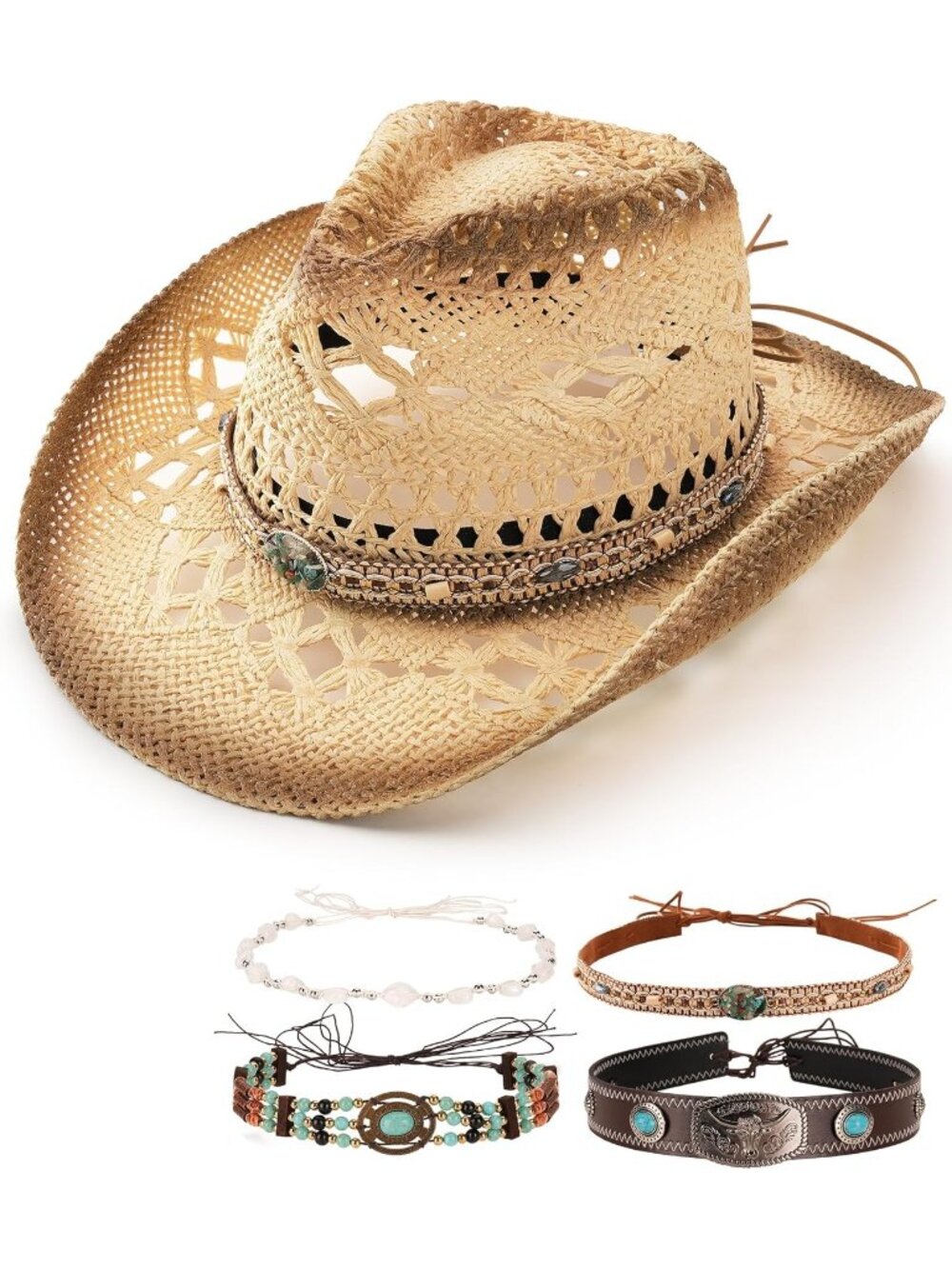 Mens Beige Hook and Loop 4-Style Decorative Bands Stiff Wide Brim Western Style